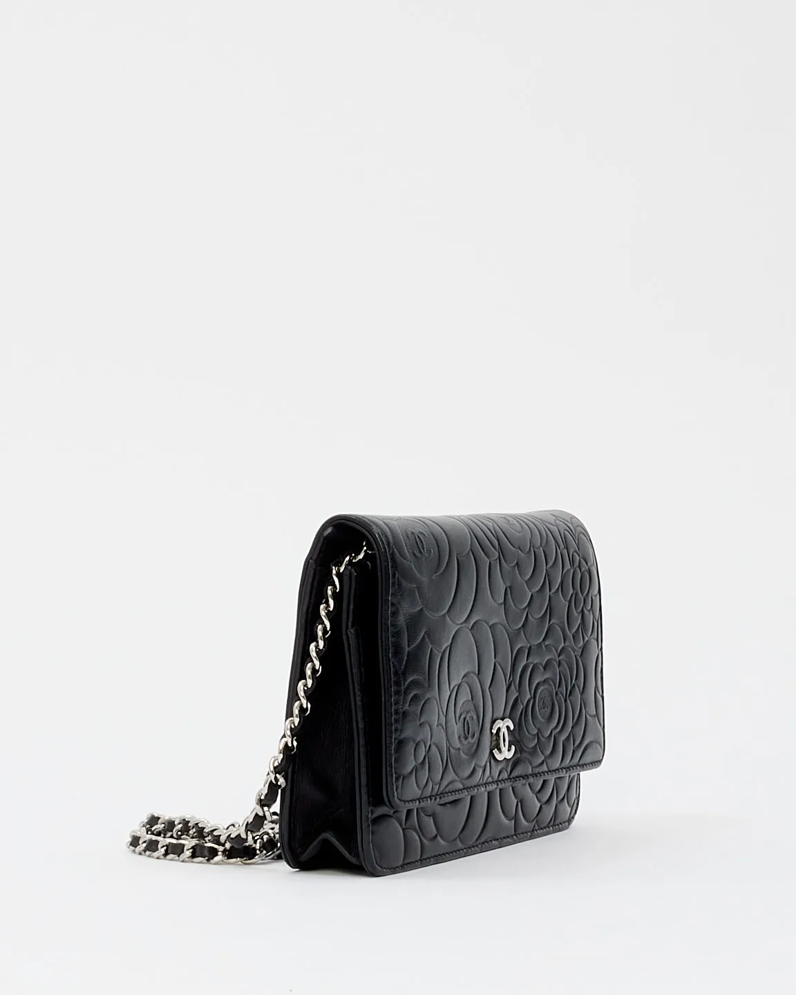 Chanel Black Leather Camellia Embossed Wallet On Chain