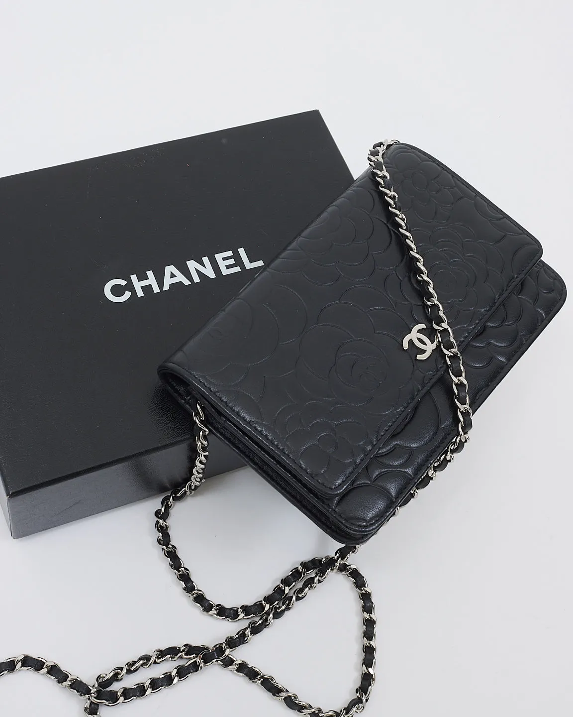 Chanel Black Leather Camellia Embossed Wallet On Chain