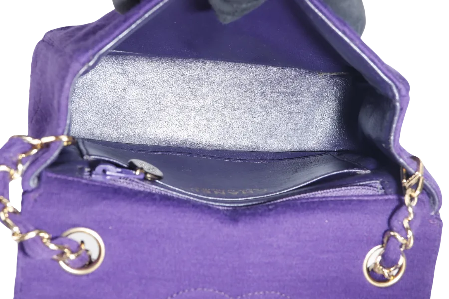 CHANEL CLASSIC FLAP MINI SQUARE (648xxxx) PURPLE JERSEY GOLD HARDWARE WITH DUST COVER AND CARD