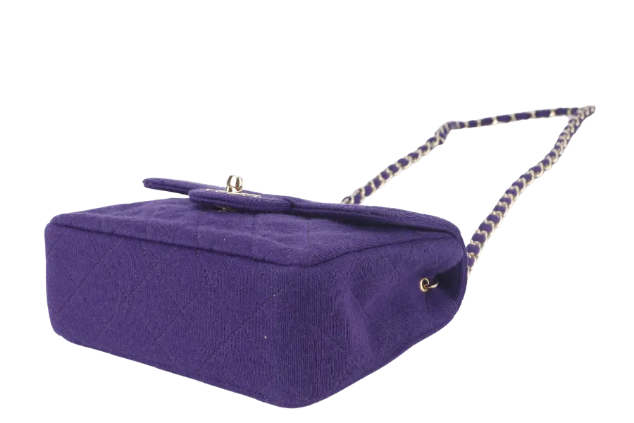 CHANEL CLASSIC FLAP MINI SQUARE (648xxxx) PURPLE JERSEY GOLD HARDWARE WITH DUST COVER AND CARD
