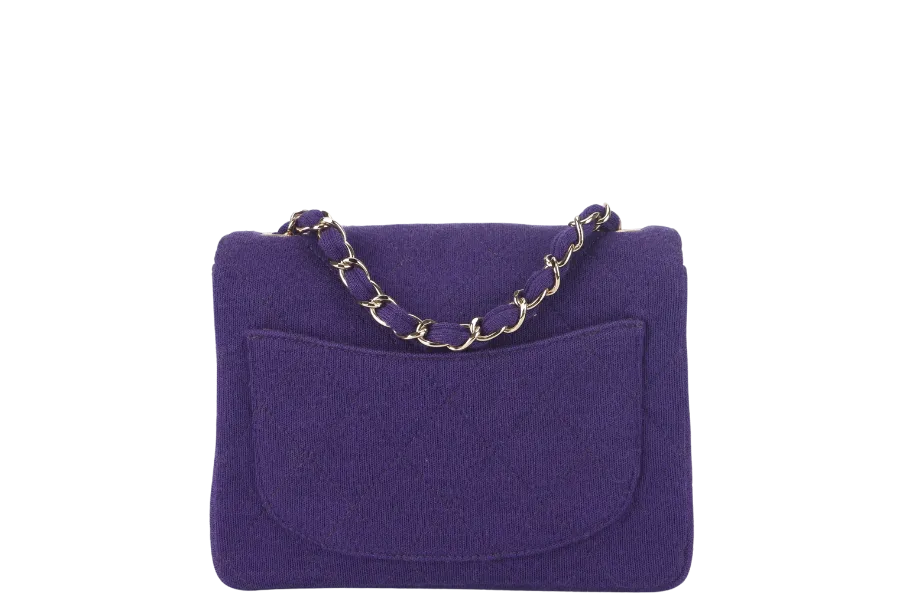 CHANEL CLASSIC FLAP MINI SQUARE (648xxxx) PURPLE JERSEY GOLD HARDWARE WITH DUST COVER AND CARD