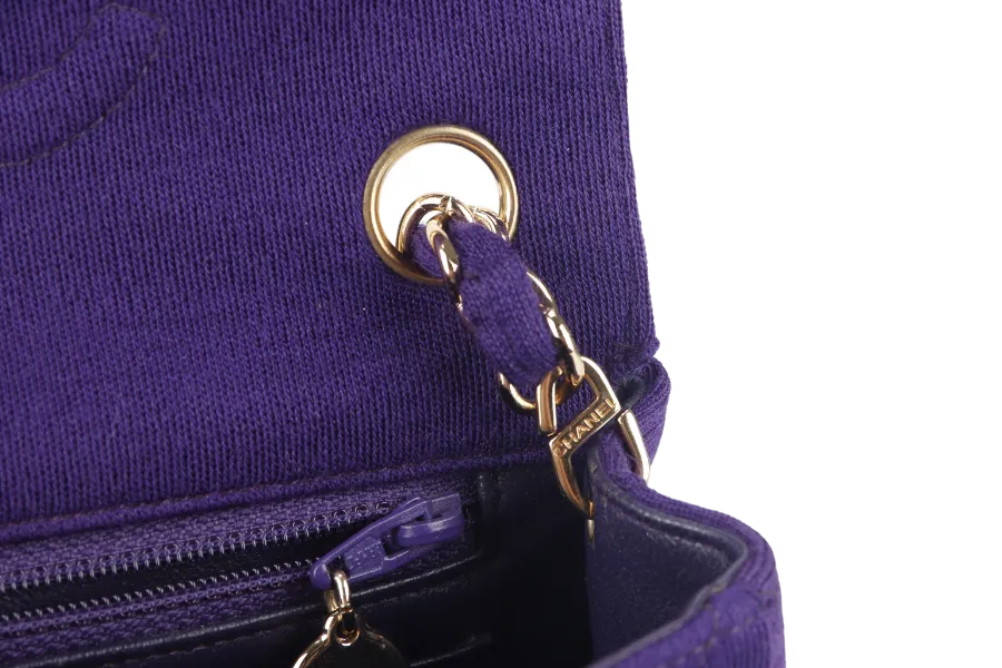 CHANEL CLASSIC FLAP MINI SQUARE (648xxxx) PURPLE JERSEY GOLD HARDWARE WITH DUST COVER AND CARD