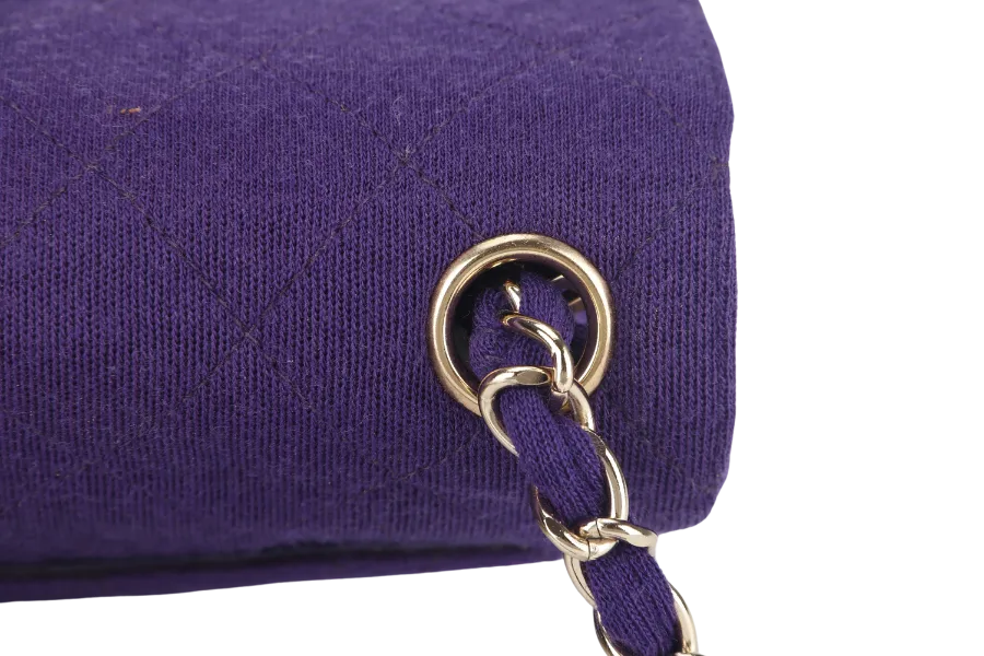 CHANEL CLASSIC FLAP MINI SQUARE (648xxxx) PURPLE JERSEY GOLD HARDWARE WITH DUST COVER AND CARD