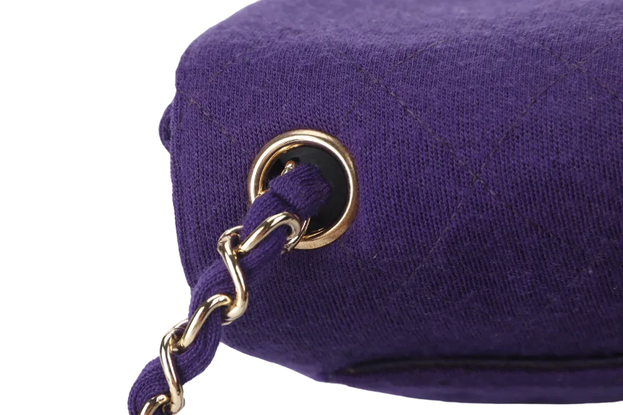 CHANEL CLASSIC FLAP MINI SQUARE (648xxxx) PURPLE JERSEY GOLD HARDWARE WITH DUST COVER AND CARD