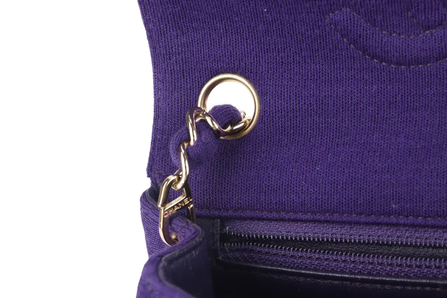CHANEL CLASSIC FLAP MINI SQUARE (648xxxx) PURPLE JERSEY GOLD HARDWARE WITH DUST COVER AND CARD