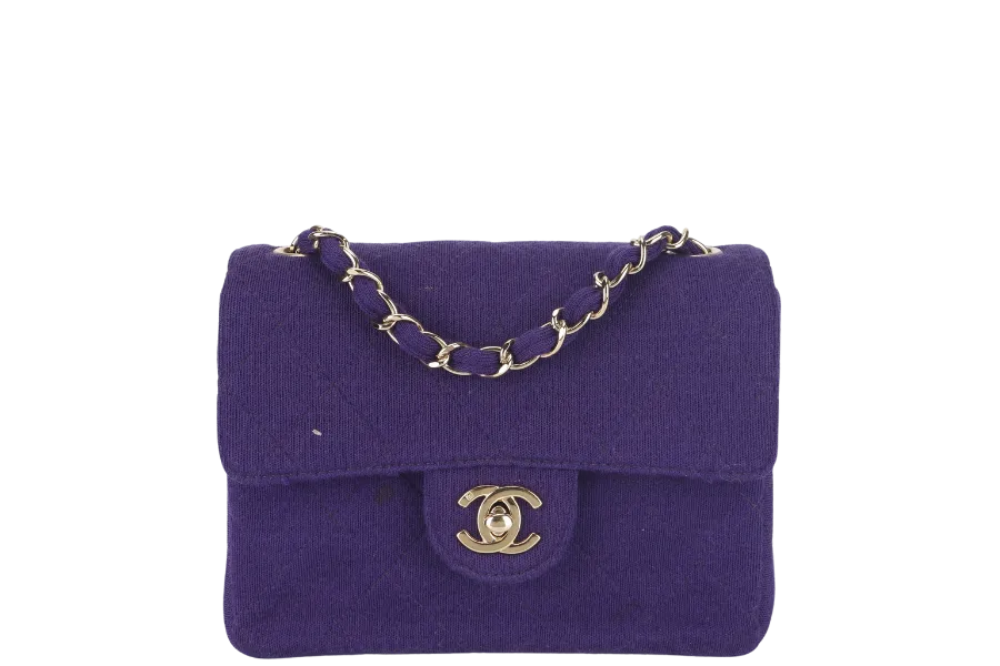 CHANEL CLASSIC FLAP MINI SQUARE (648xxxx) PURPLE JERSEY GOLD HARDWARE WITH DUST COVER AND CARD