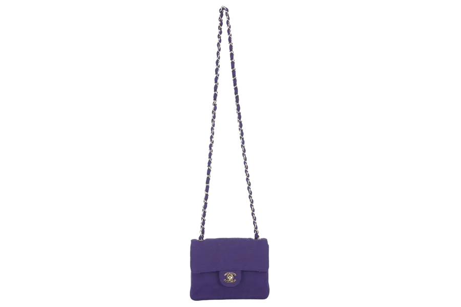CHANEL CLASSIC FLAP MINI SQUARE (648xxxx) PURPLE JERSEY GOLD HARDWARE WITH DUST COVER AND CARD