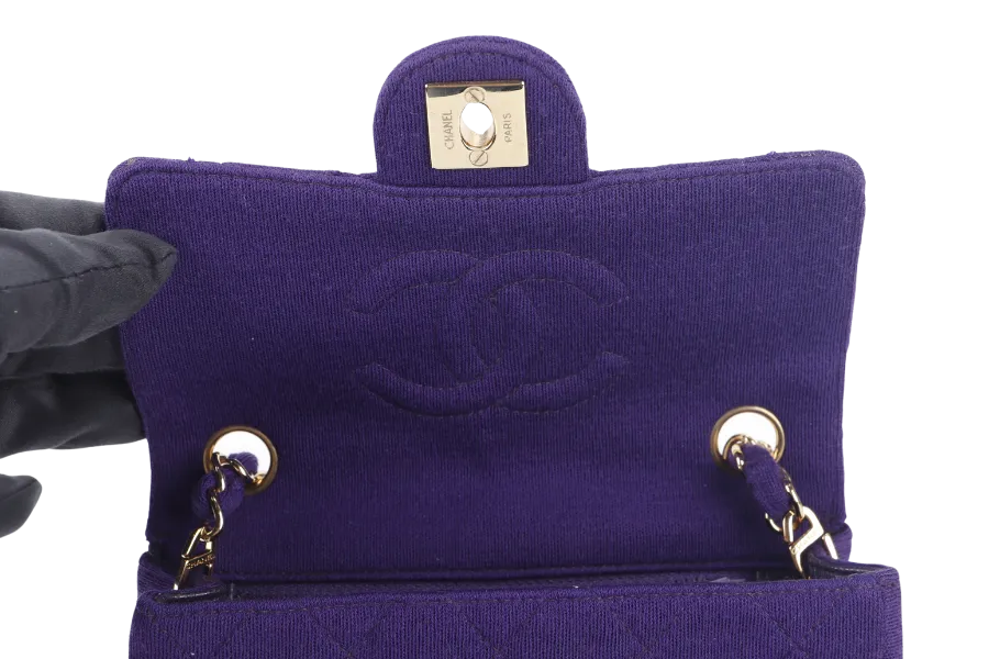 CHANEL CLASSIC FLAP MINI SQUARE (648xxxx) PURPLE JERSEY GOLD HARDWARE WITH DUST COVER AND CARD