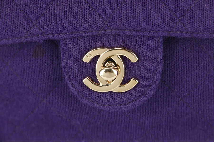 CHANEL CLASSIC FLAP MINI SQUARE (648xxxx) PURPLE JERSEY GOLD HARDWARE WITH DUST COVER AND CARD