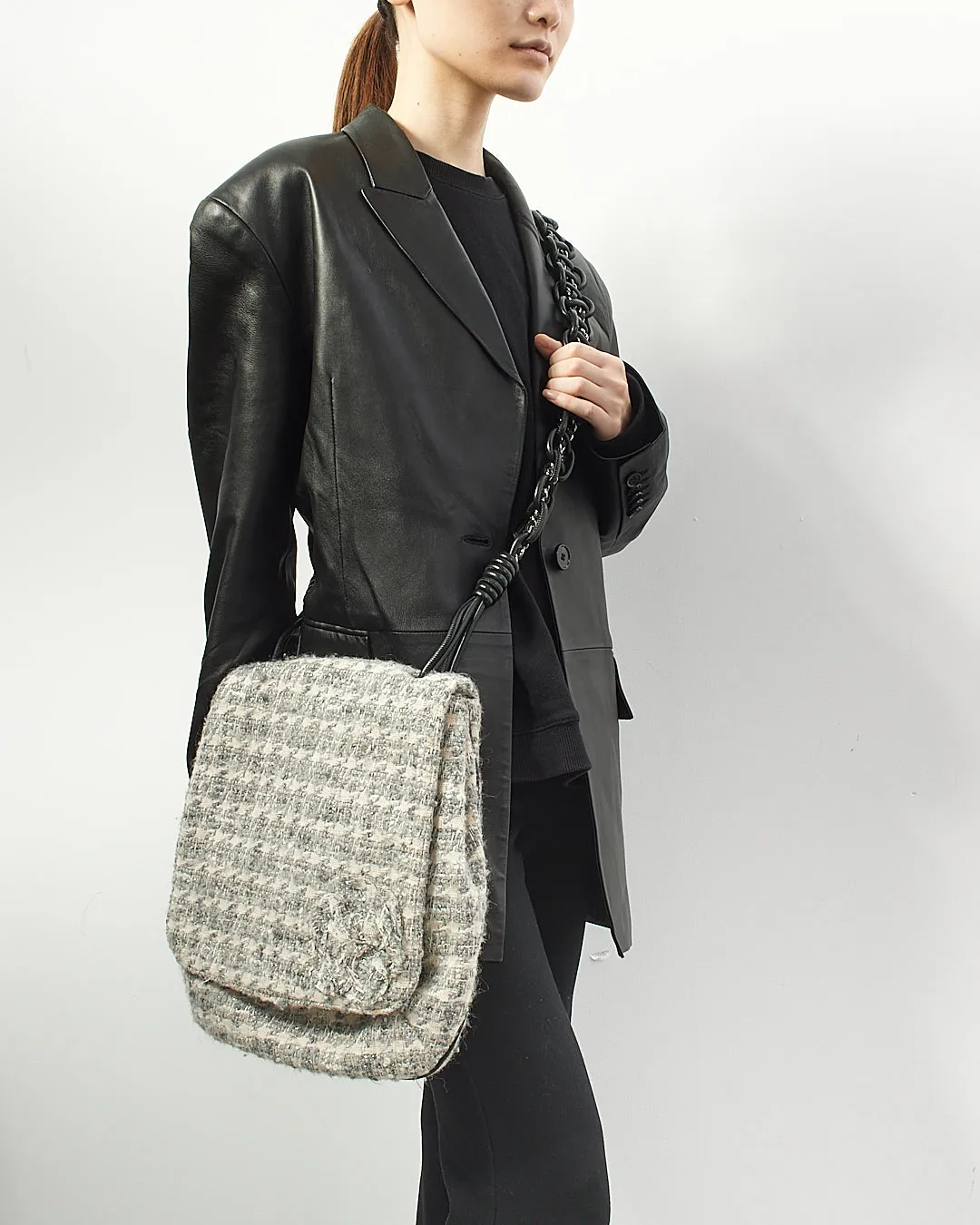 Chanel Grey Tweed Camelia Messenger Bag
