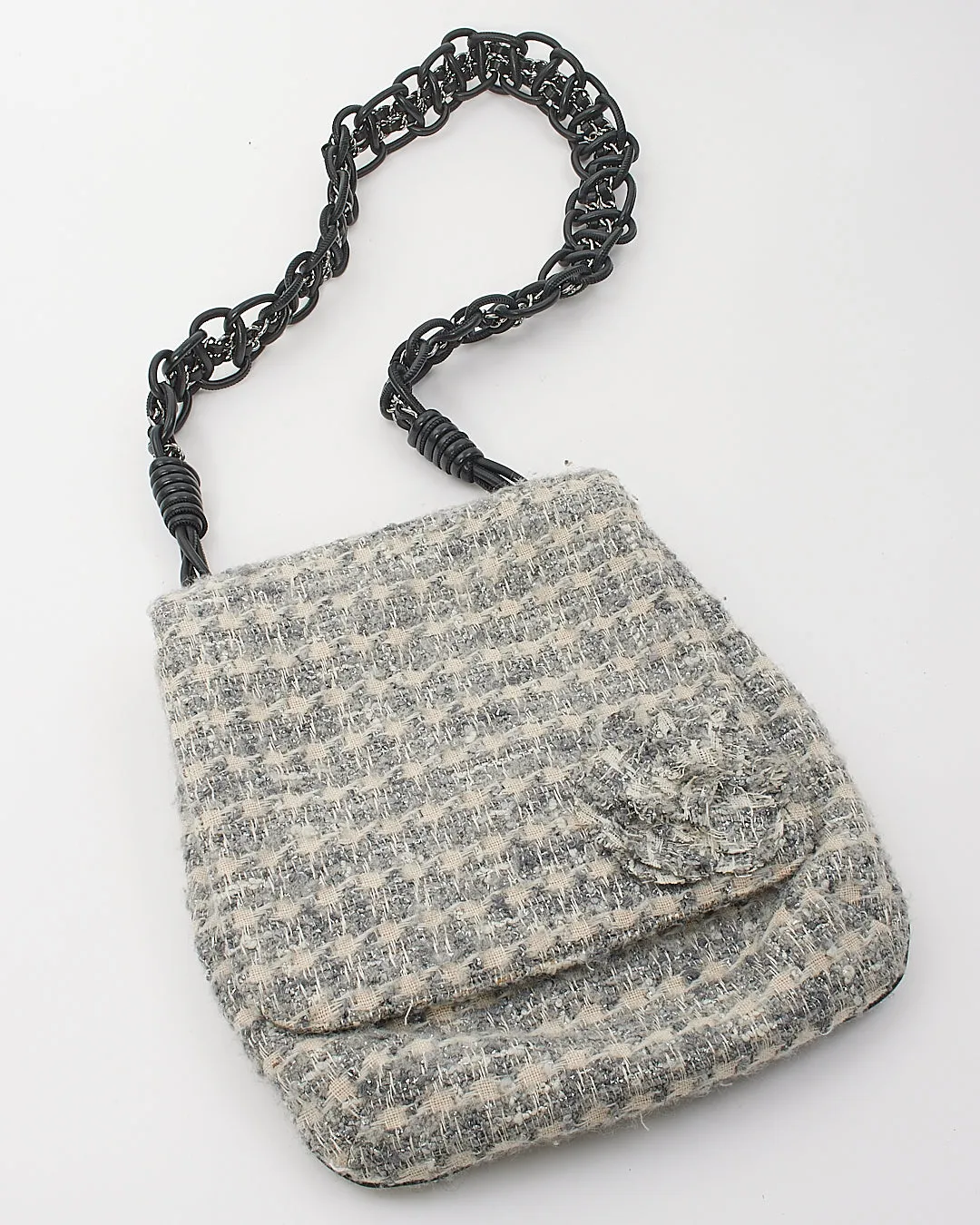 Chanel Grey Tweed Camelia Messenger Bag