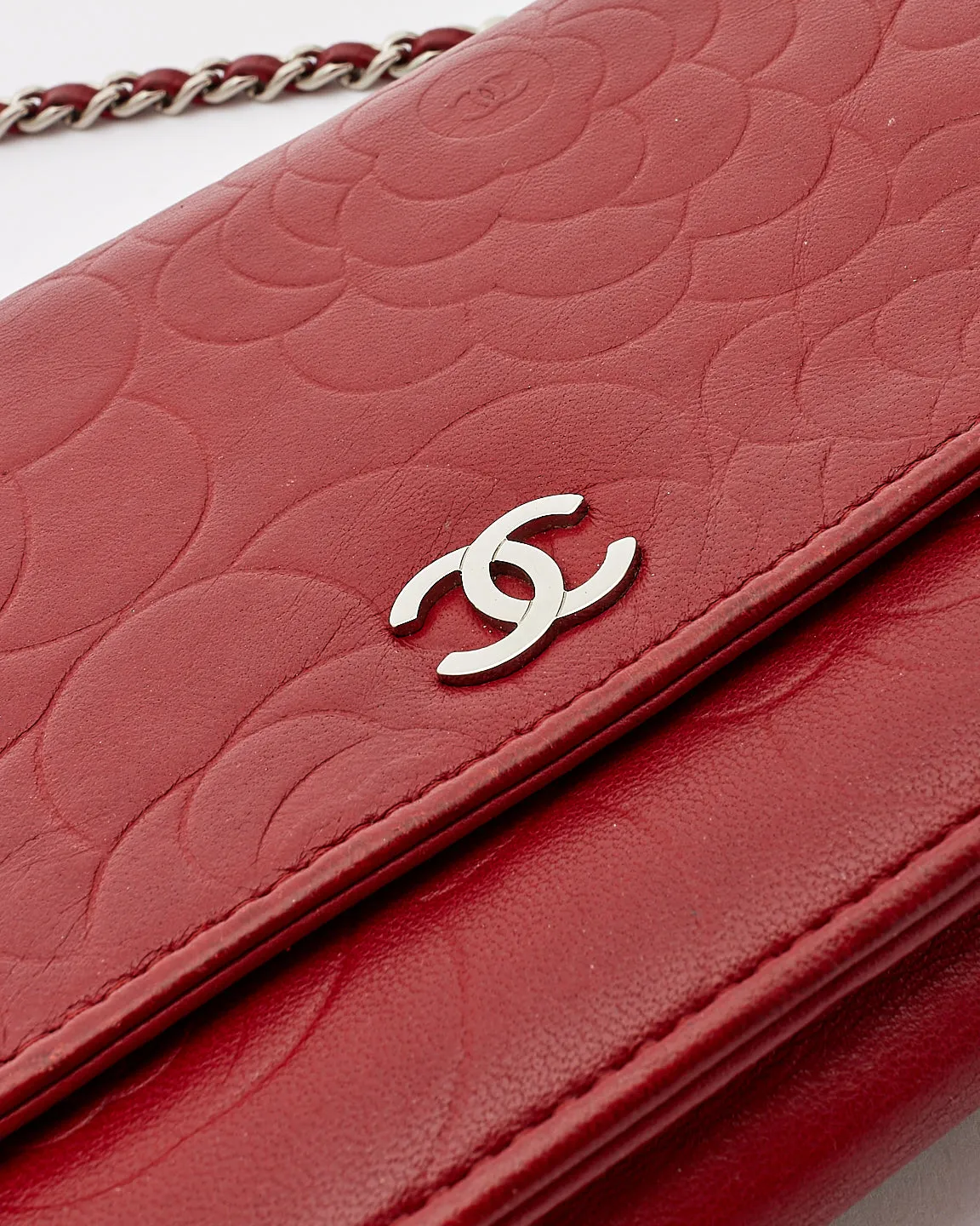Chanel Red Leather Camellia Embossed Wallet On Chain