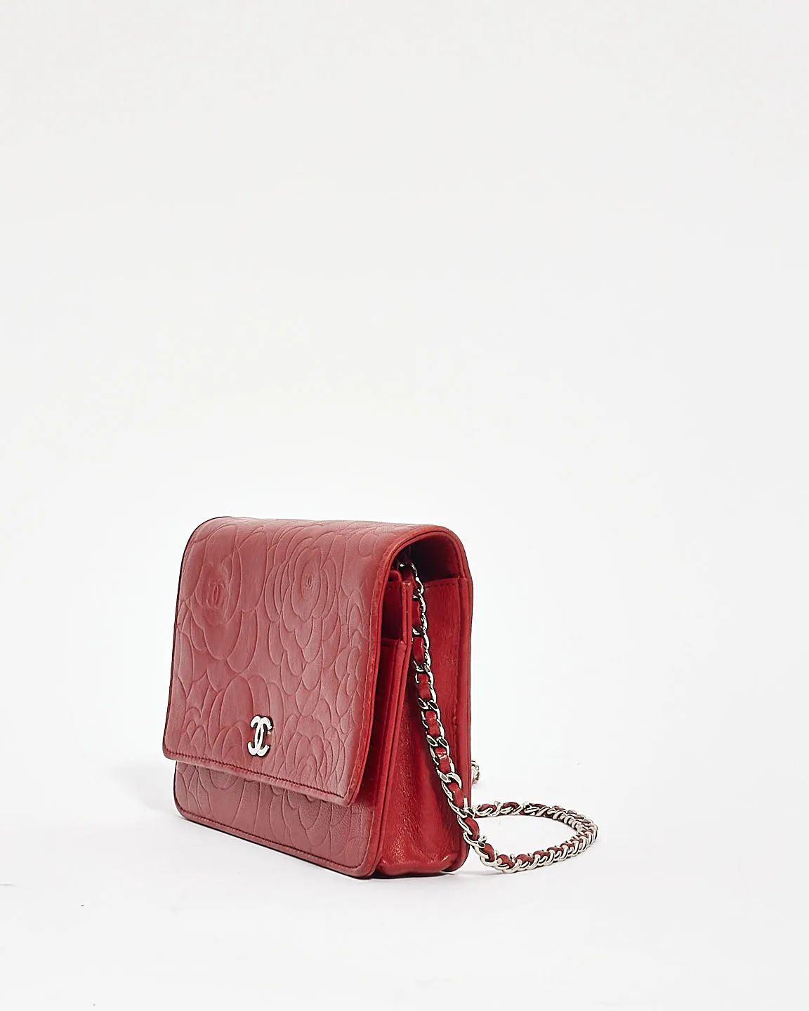 Chanel Red Leather Camellia Embossed Wallet On Chain
