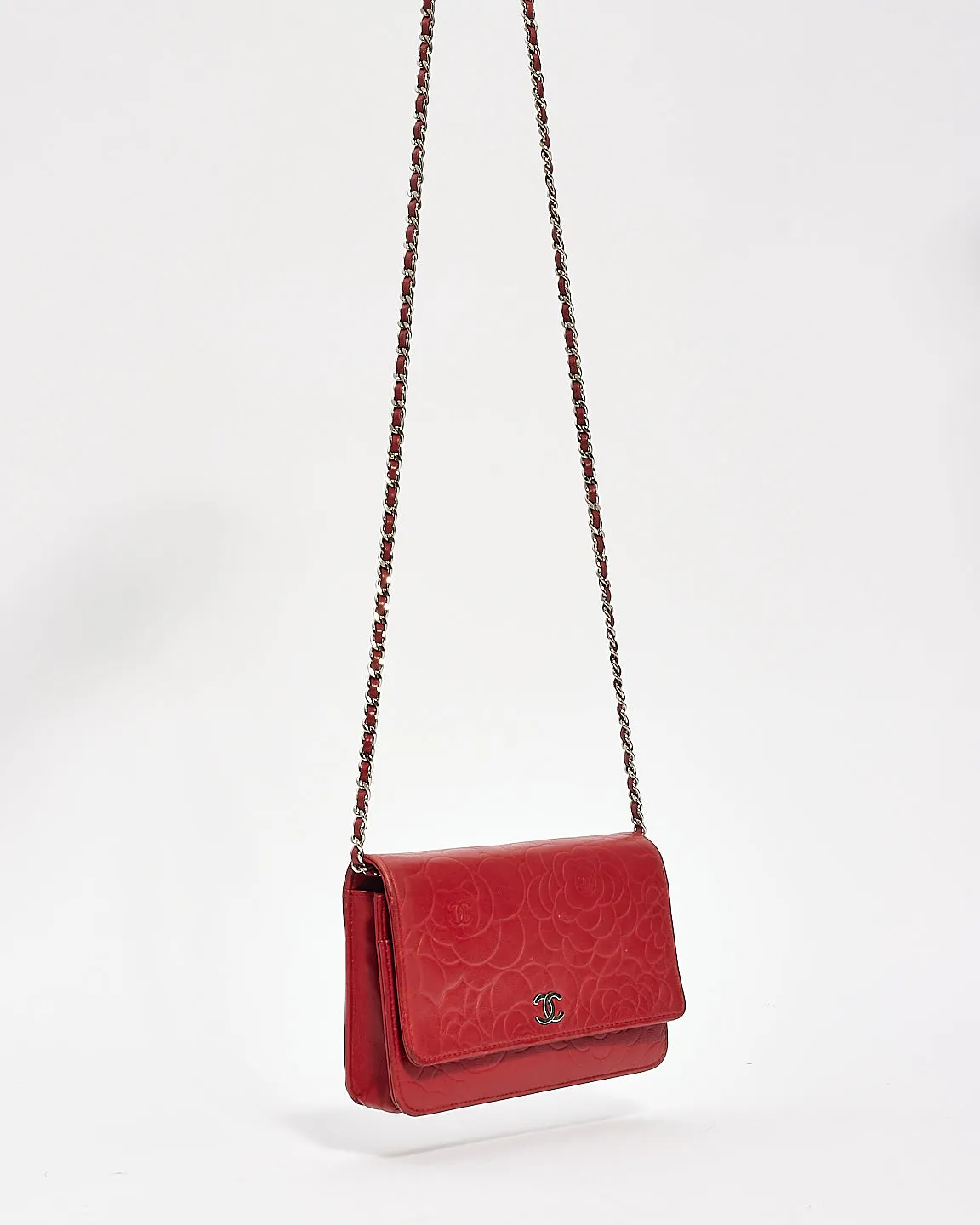 Chanel Red Leather Camellia Embossed Wallet On Chain