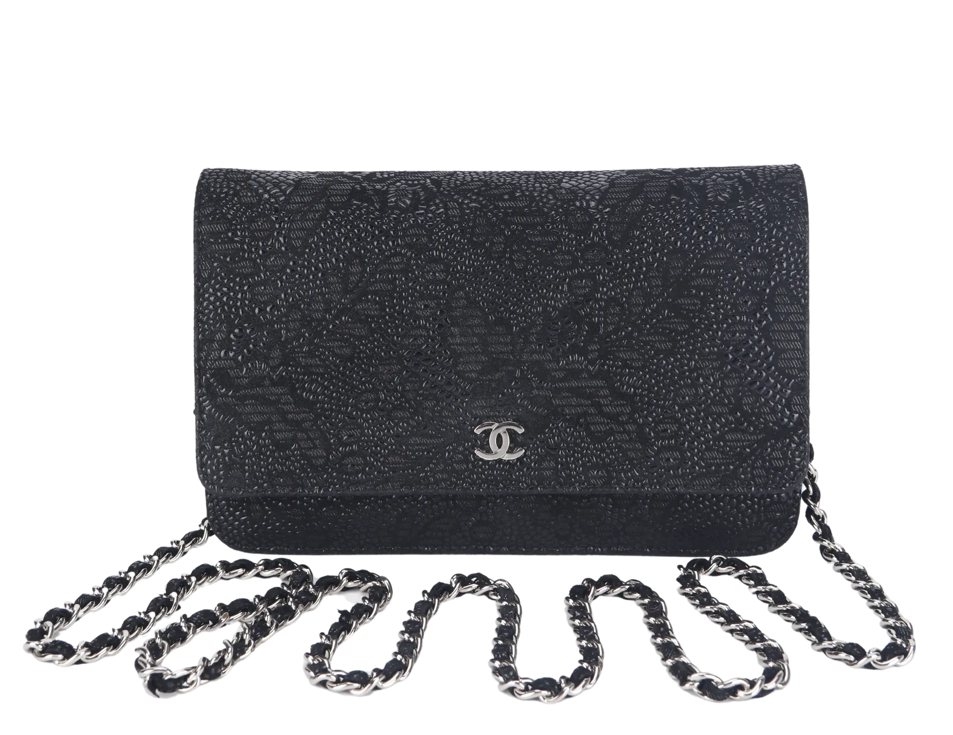 CHANEL W.O.C FLOWER LACE (1895xxxx) BLACK EMBOSSED GOATSKIN SILVER HARDWARE NO DUST COVER