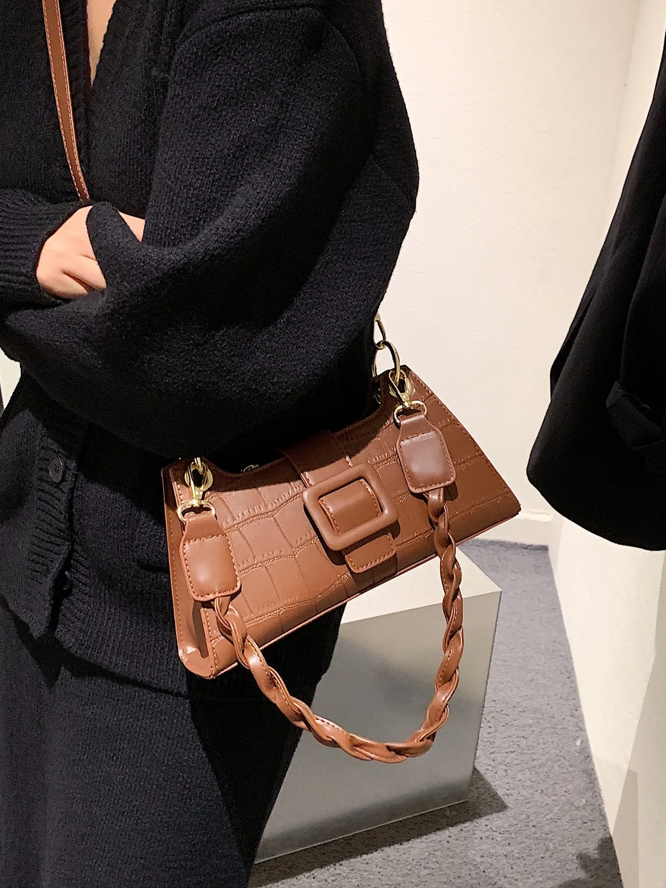 Croc Embossed Baguette Bag - Brown