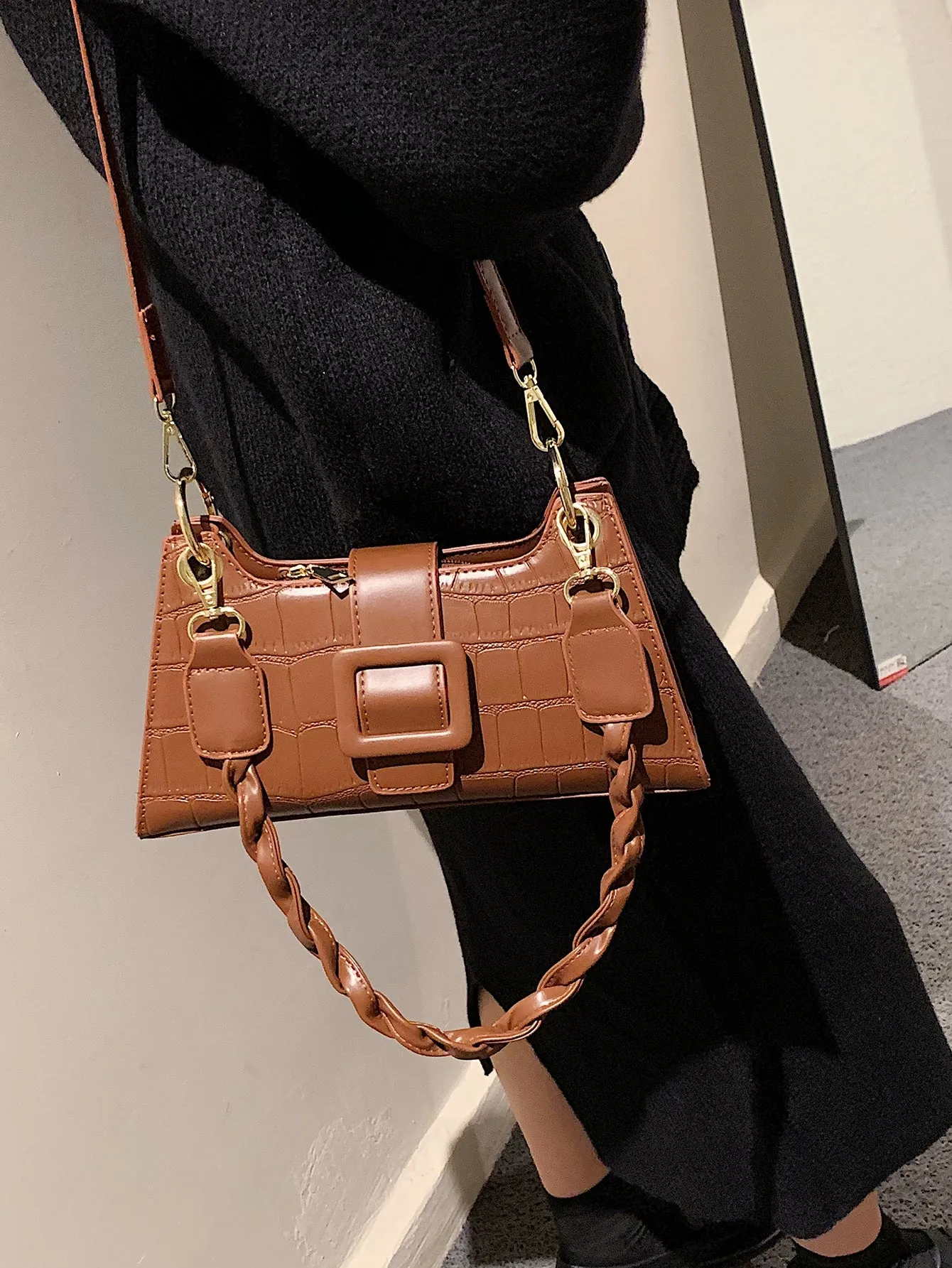 Croc Embossed Baguette Bag - Brown