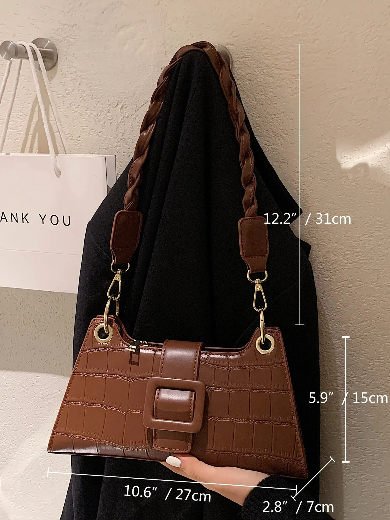Croc Embossed Baguette Bag - Brown