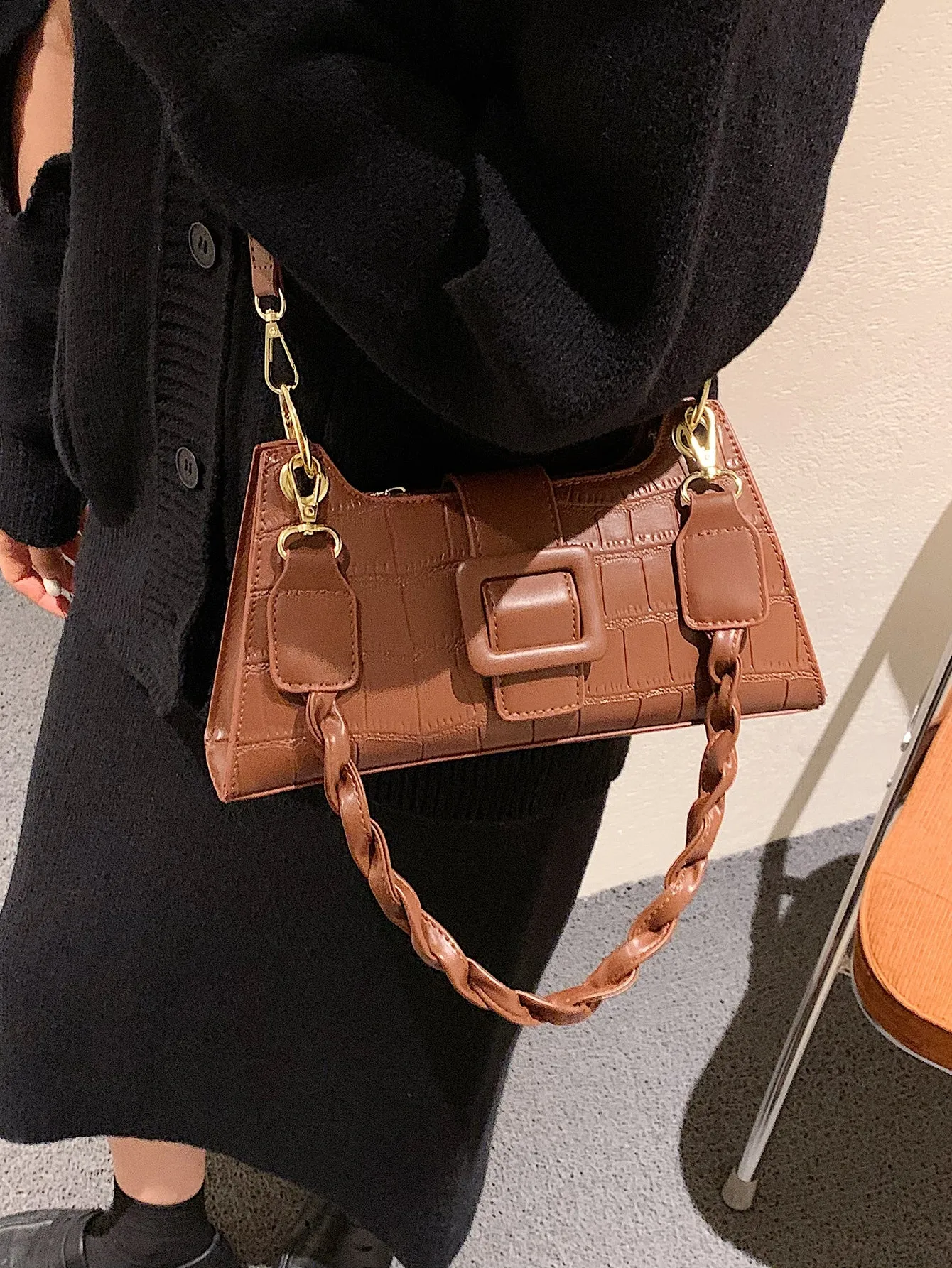 Croc Embossed Baguette Bag - Brown