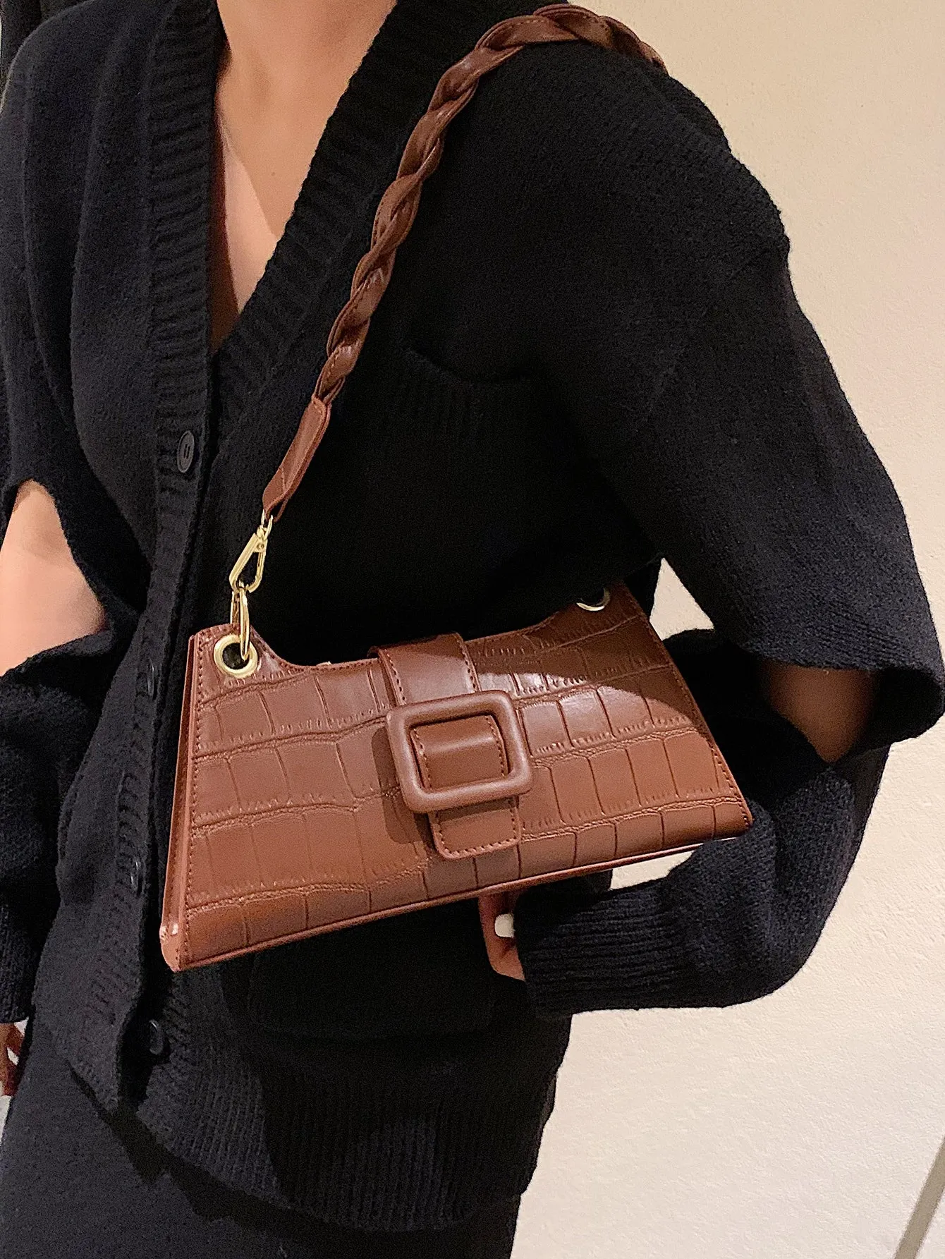 Croc Embossed Baguette Bag - Brown