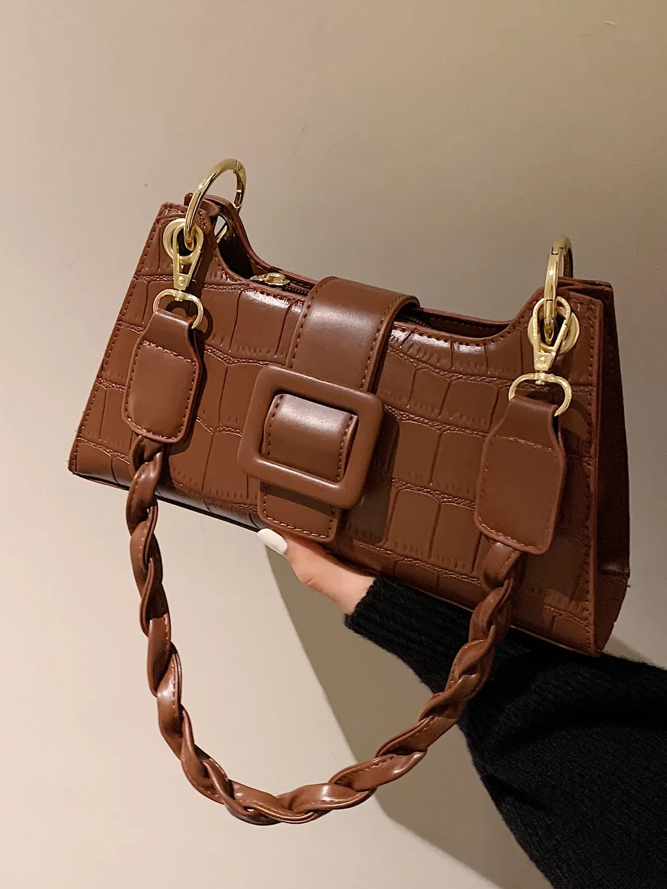 Croc Embossed Baguette Bag - Brown