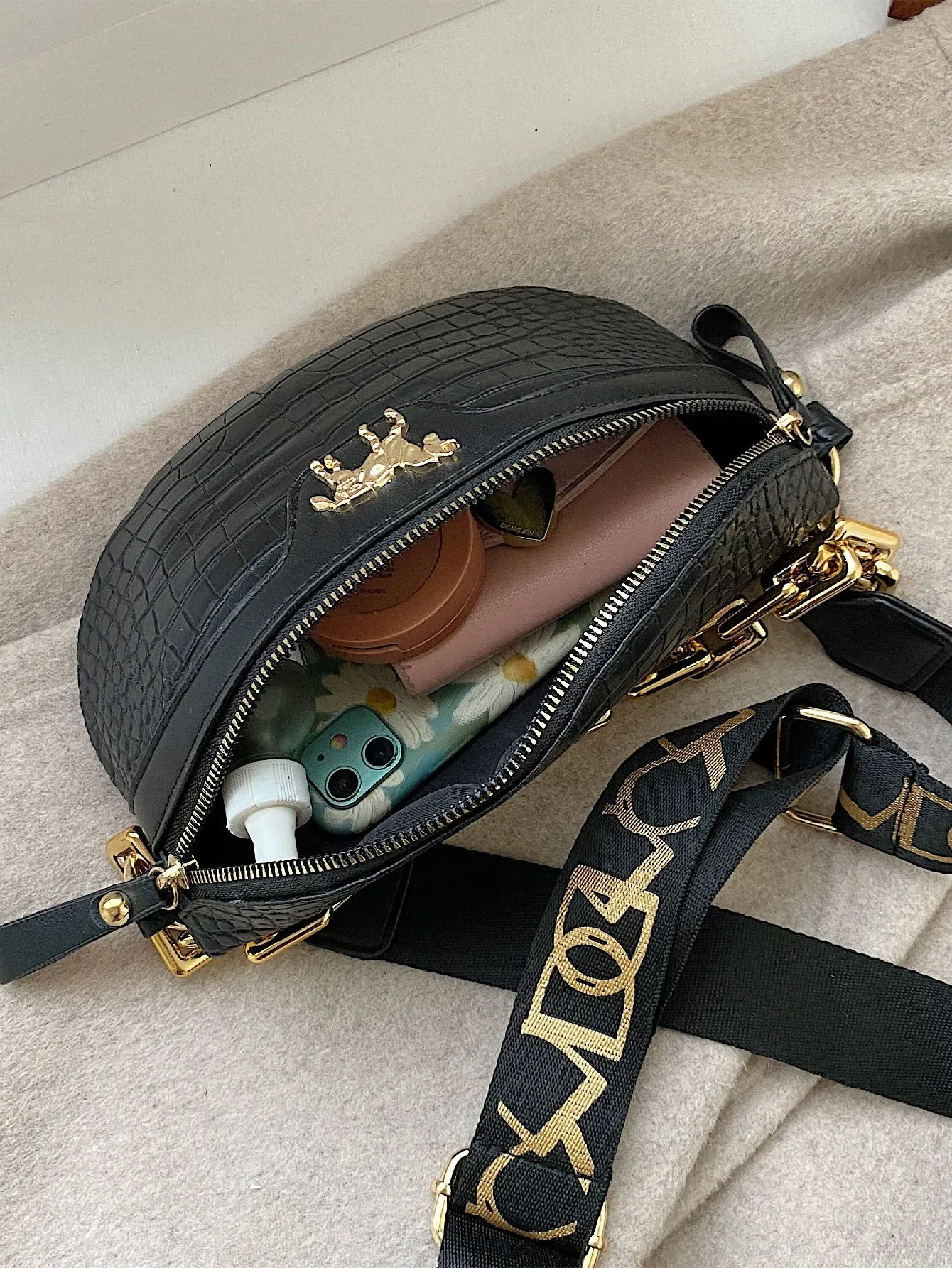 Croc Embossed Chain Decor Fanny Pack - Black