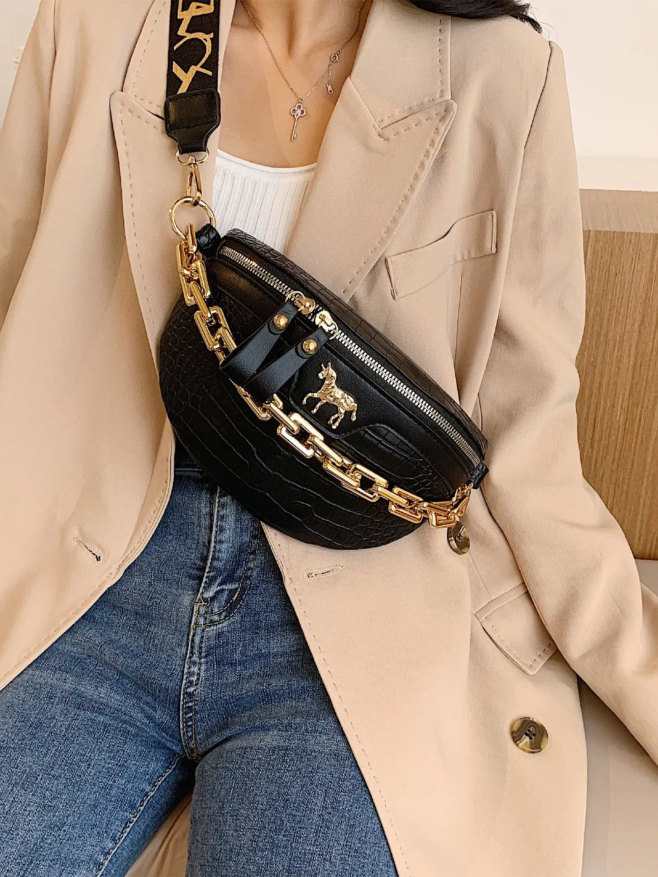 Croc Embossed Chain Decor Fanny Pack - Black