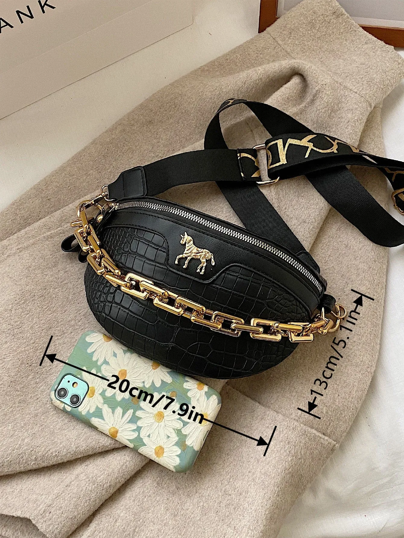 Croc Embossed Chain Decor Fanny Pack - Black