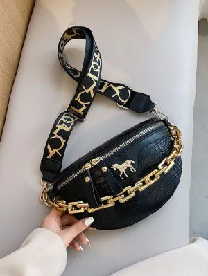 Croc Embossed Chain Decor Fanny Pack - Black