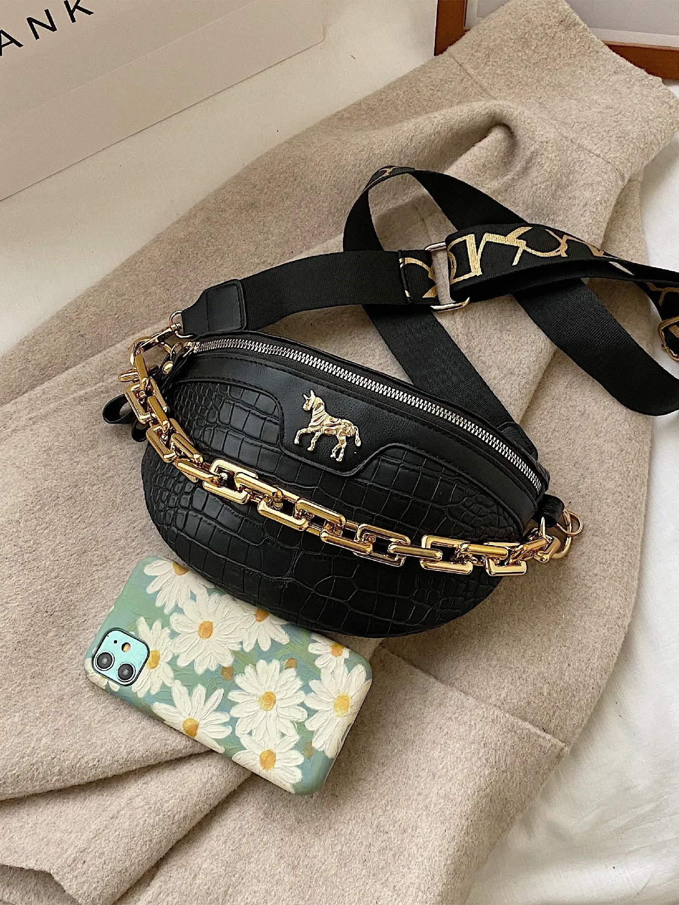 Croc Embossed Chain Decor Fanny Pack - Black