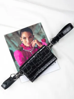 Croc Embossed Flap Fanny Pack - Black