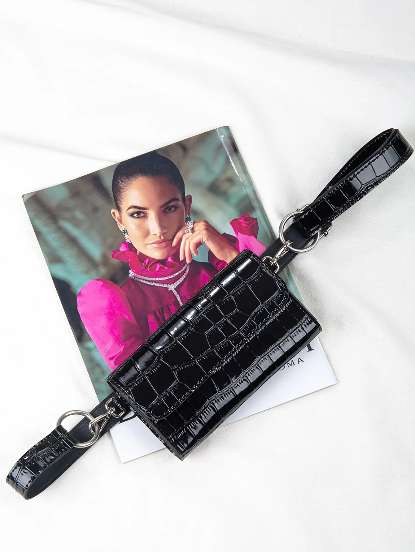 Croc Embossed Flap Fanny Pack - Black