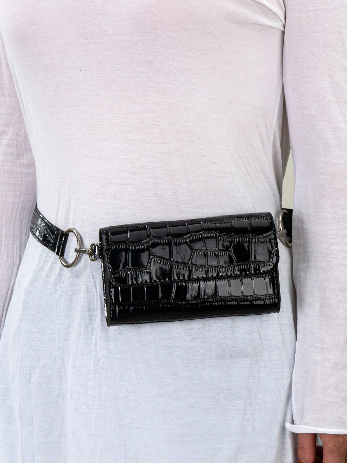 Croc Embossed Flap Fanny Pack - Black