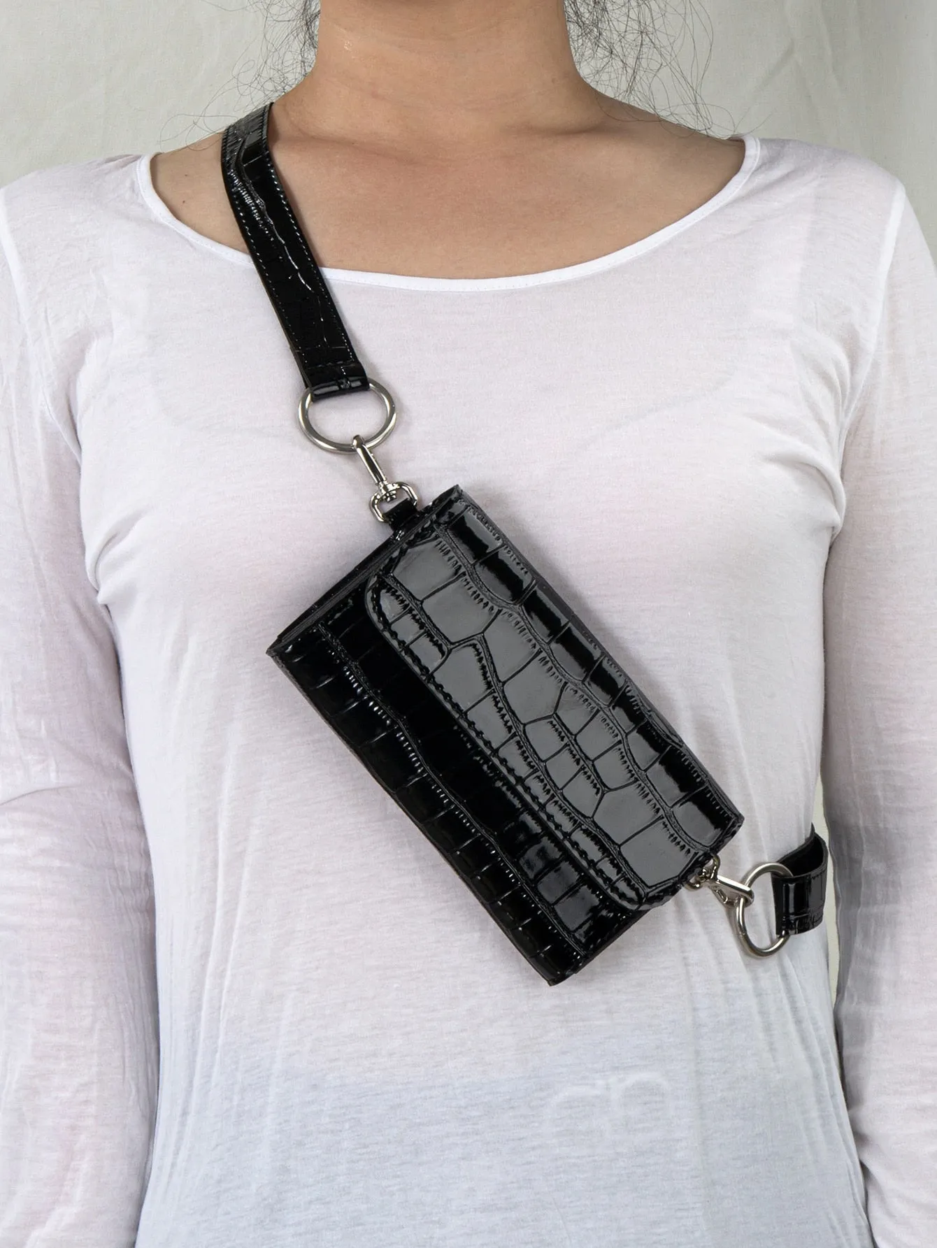 Croc Embossed Flap Fanny Pack - Black