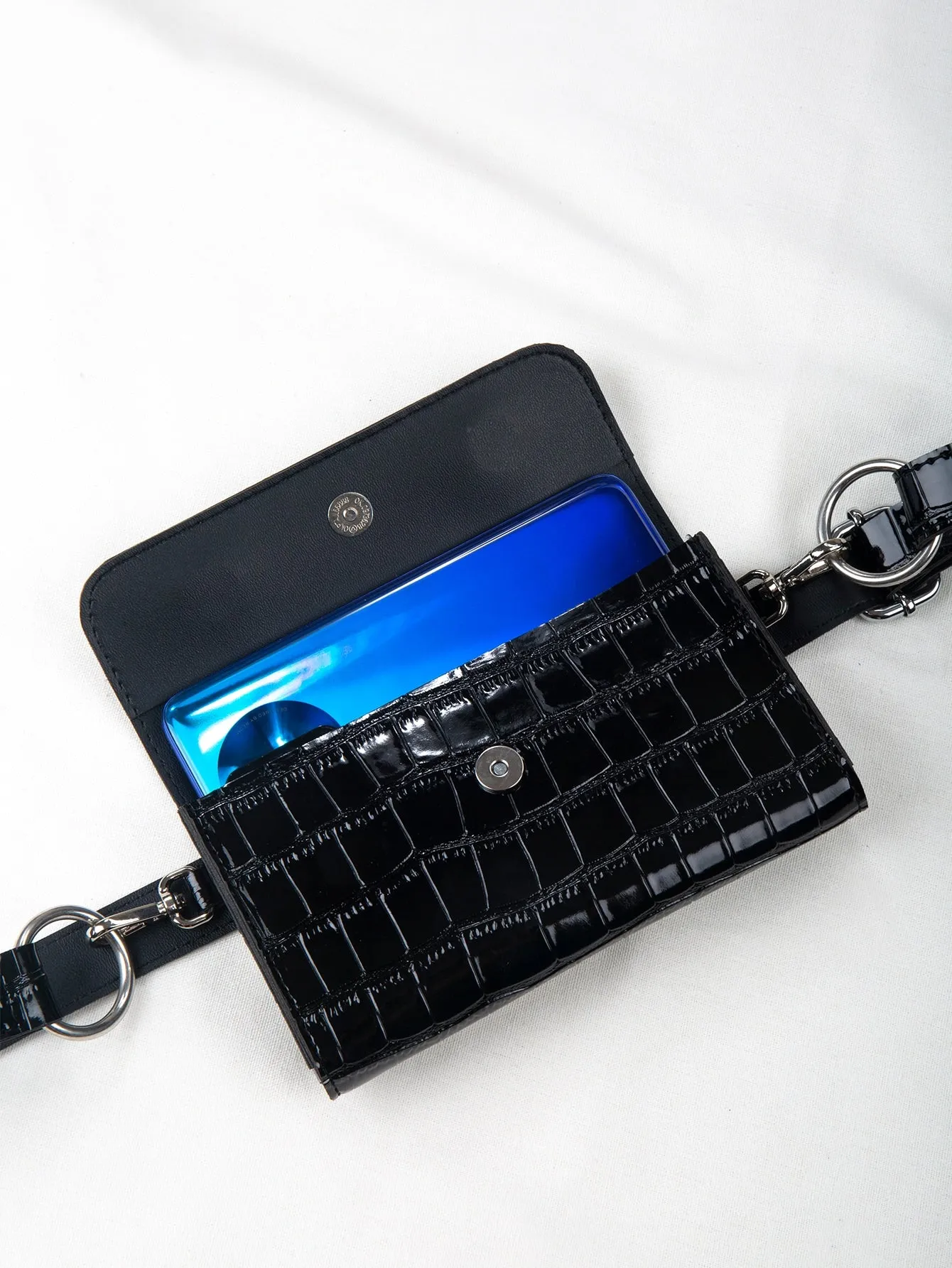 Croc Embossed Flap Fanny Pack - Black