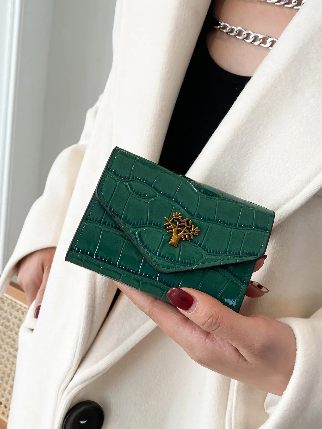 Croc Embossed Metal Decor Wallet - Green