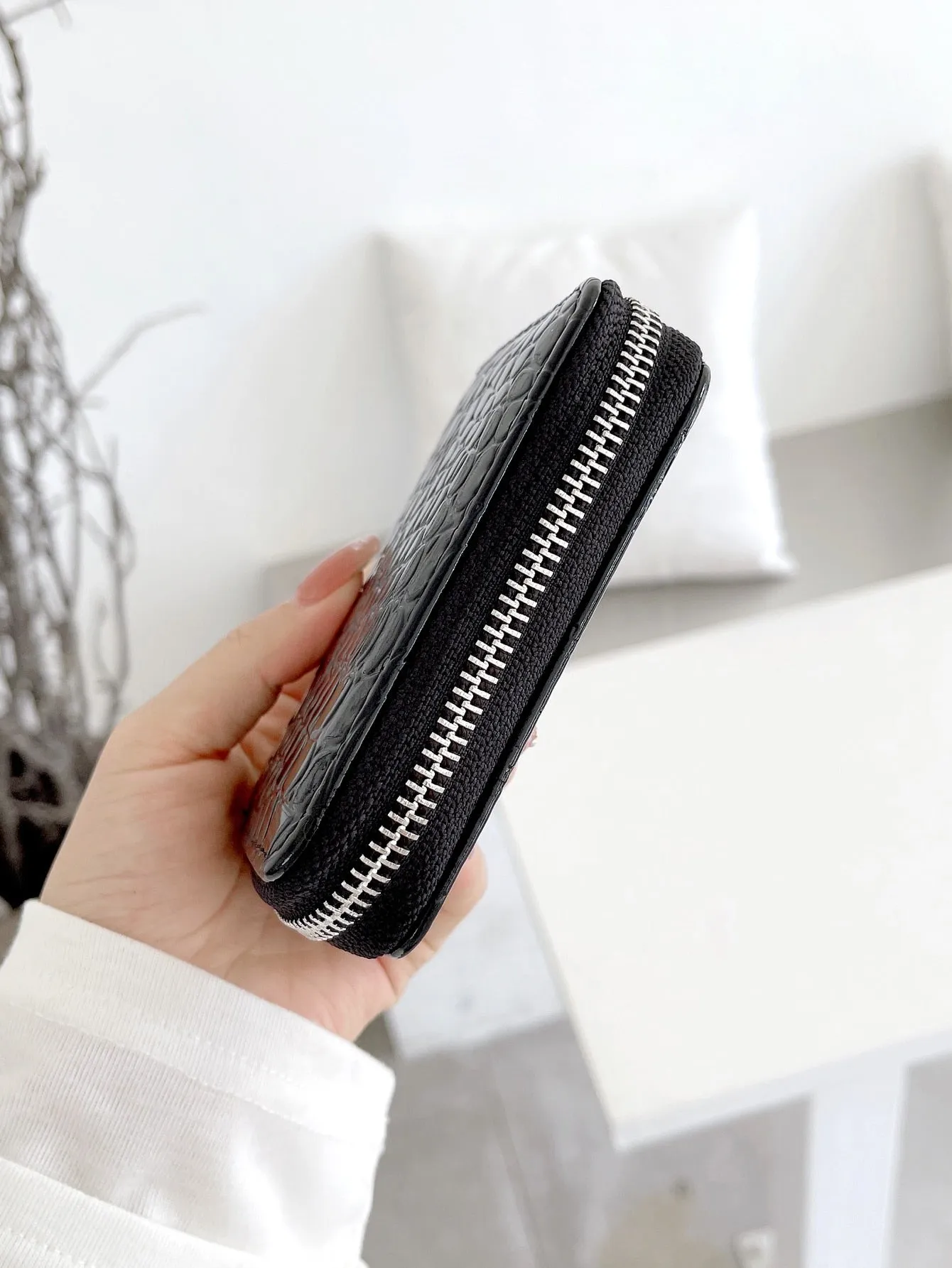 Croc Embossed Zip Around Wallet - Black