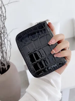 Croc Embossed Zip Around Wallet - Black