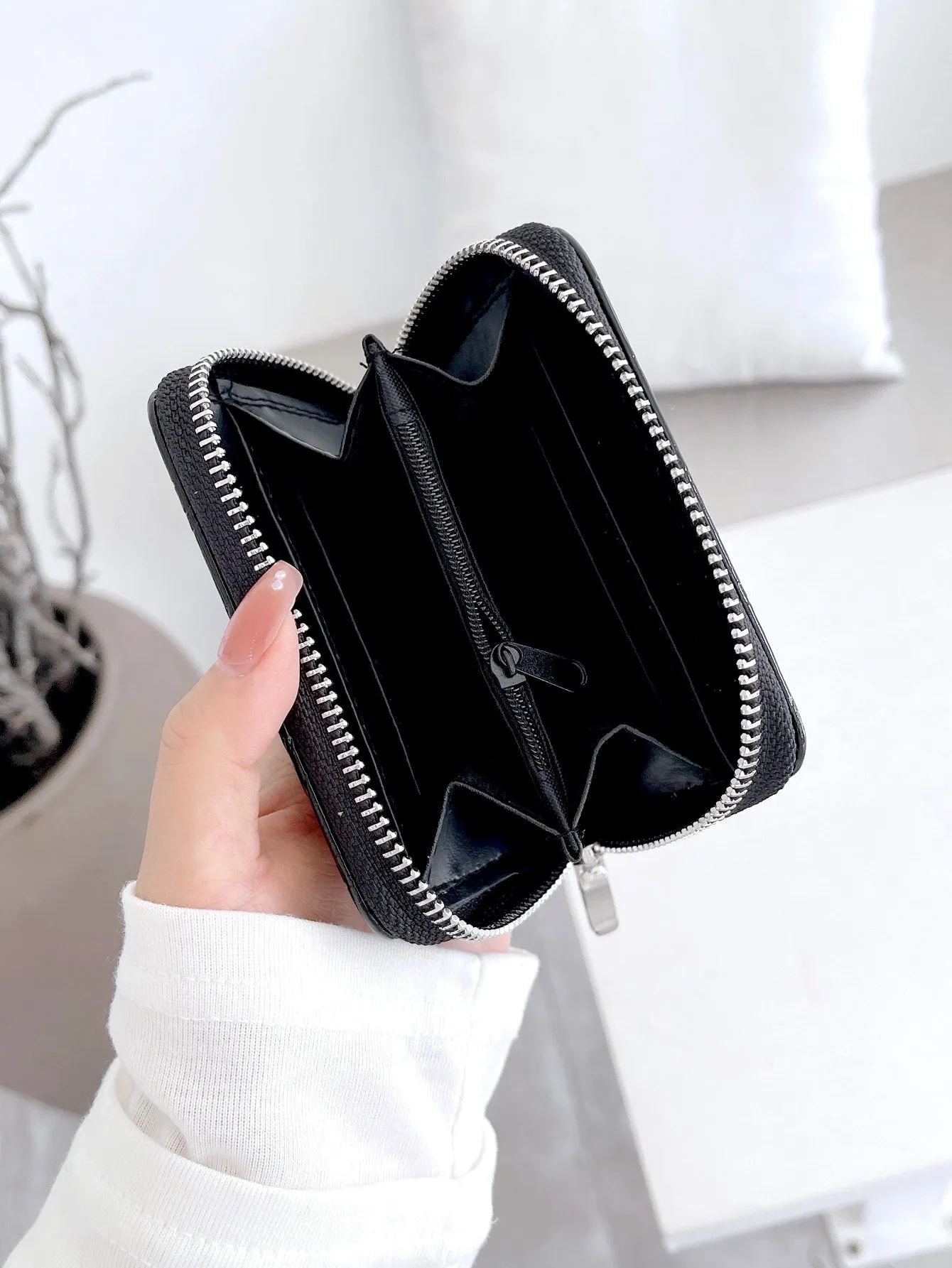 Croc Embossed Zip Around Wallet - Black