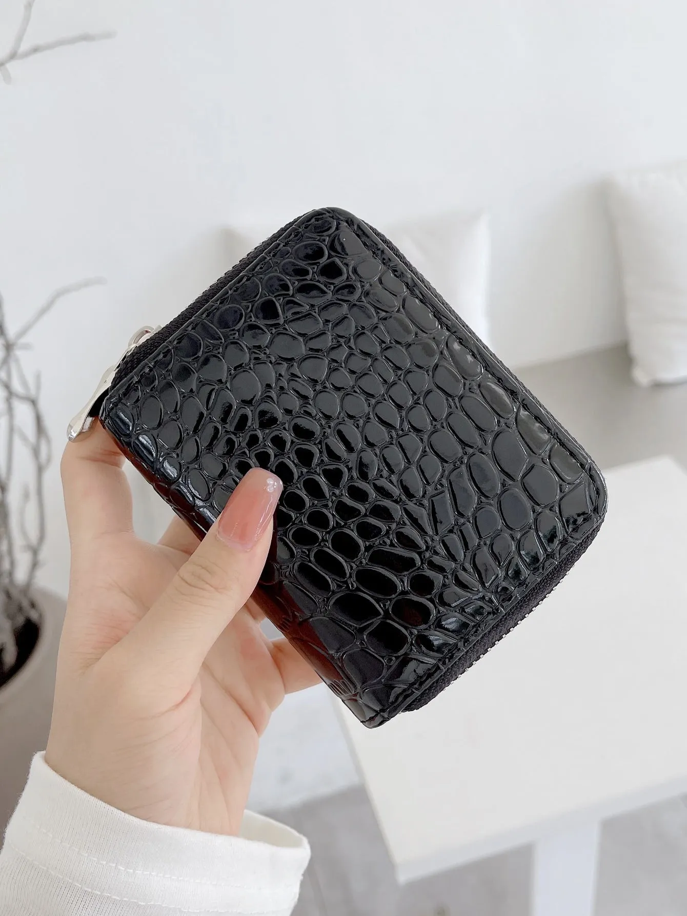Croc Embossed Zip Around Wallet - Black