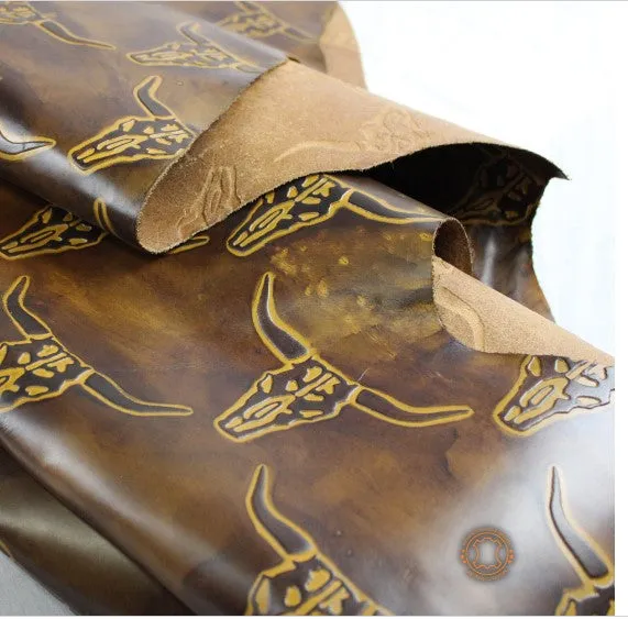 Embossed LEATHER Sheets, Dark Saddle Longhorn Embossed | 12"x12", 12"x18", 12"x24" Precuts Sheets for Crafts