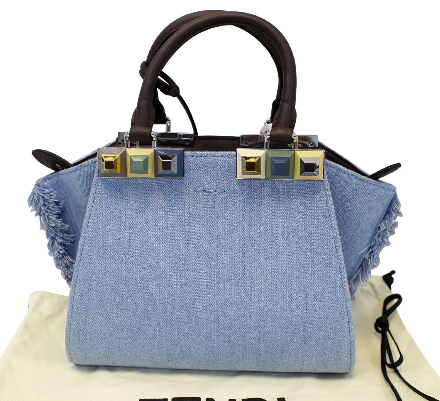 FENDI 3 Jour Mini Fringed Denim Studs Tote Crossbody Bag - Sale