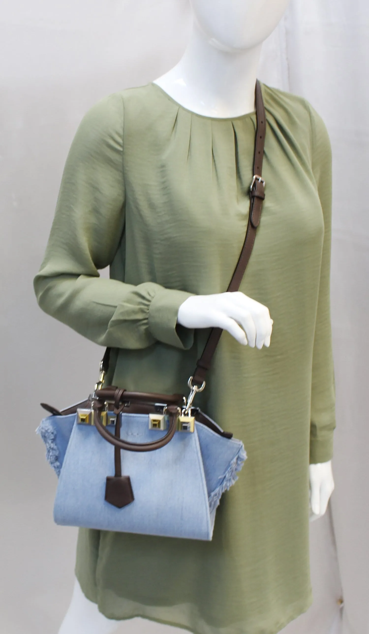 FENDI 3 Jour Mini Fringed Denim Studs Tote Crossbody Bag - Sale