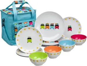 Flamefield CAM0113 Camper Smiles 12 Piece Melamine Dining Set with Cooler Bag, Multicolour