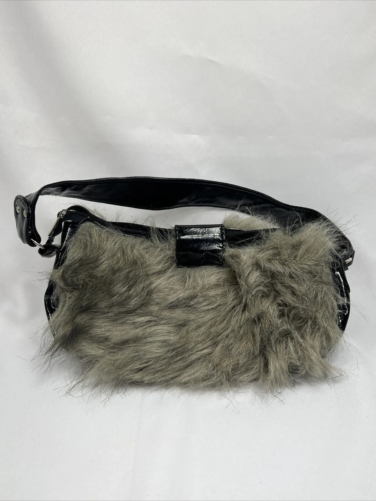 Furry Black￼ Purse Clutch Bag Strap Small  Zipper Faux Fur Bag
