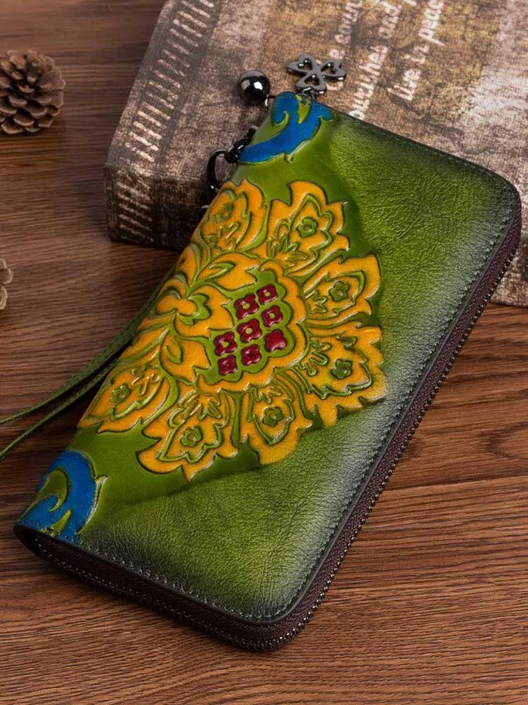 Genuine Leather Purse Retro Embossed Women Large Clutch Wallet Card Holder