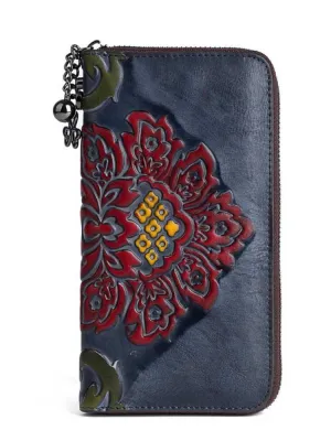 Genuine Leather Purse Retro Embossed Women Large Clutch Wallet Card Holder