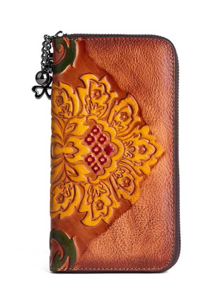 Genuine Leather Purse Retro Embossed Women Large Clutch Wallet Card Holder