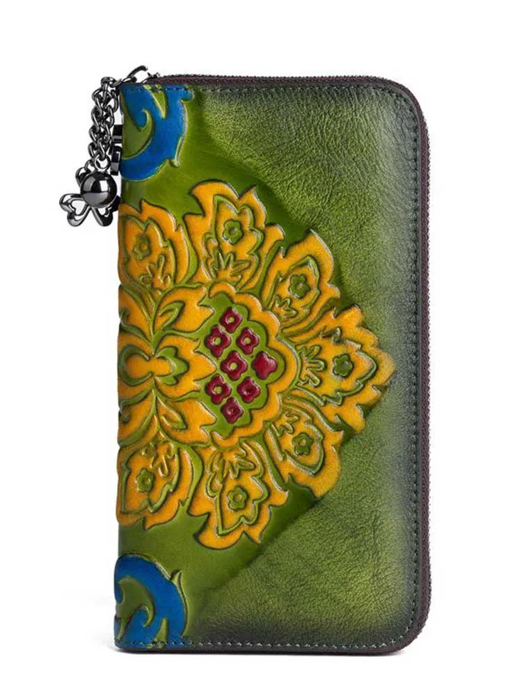 Genuine Leather Purse Retro Embossed Women Large Clutch Wallet Card Holder