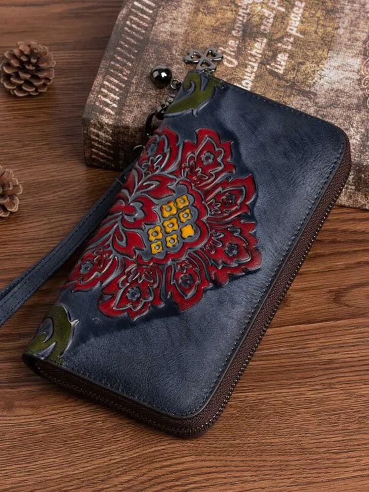 Genuine Leather Purse Retro Embossed Women Large Clutch Wallet Card Holder